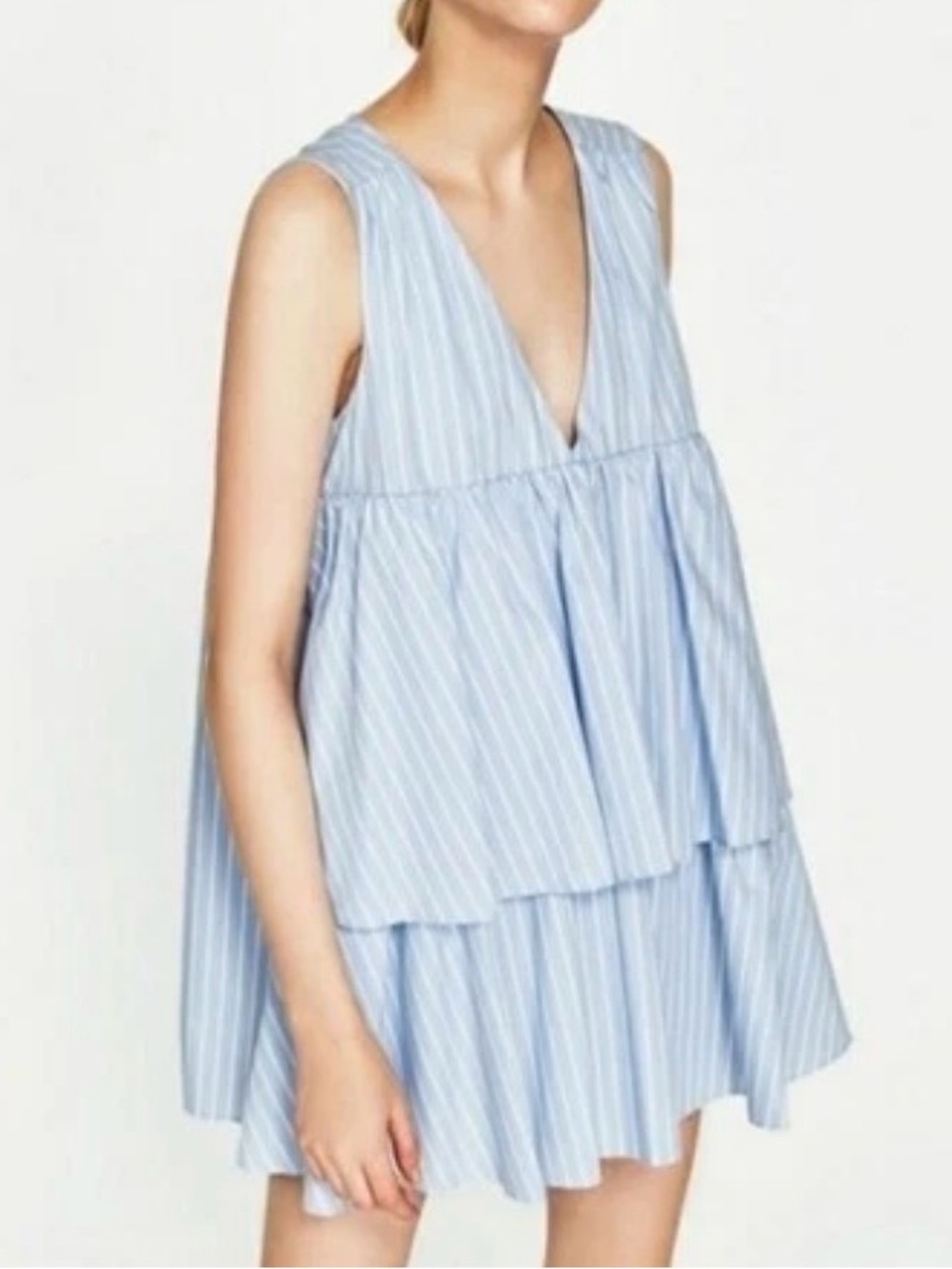 Zara Blue and White Striped Tiered Feminine Baby Doll Romper Size Small